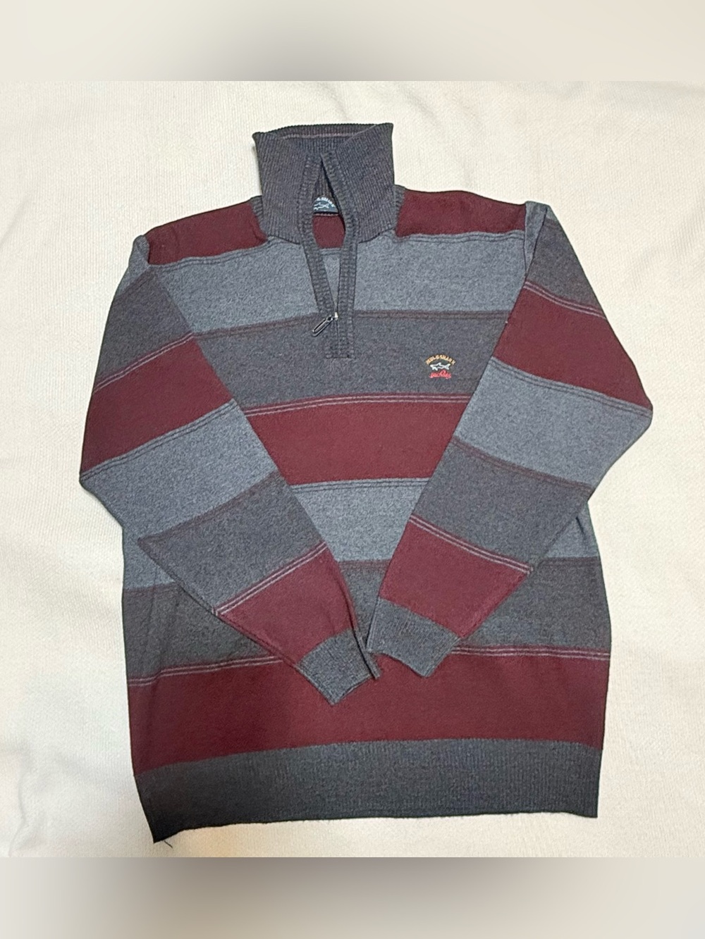 Paul & Shark Men's Zip-Front Striped Sweater 71% Lana fina Gray & Maroon XLarge